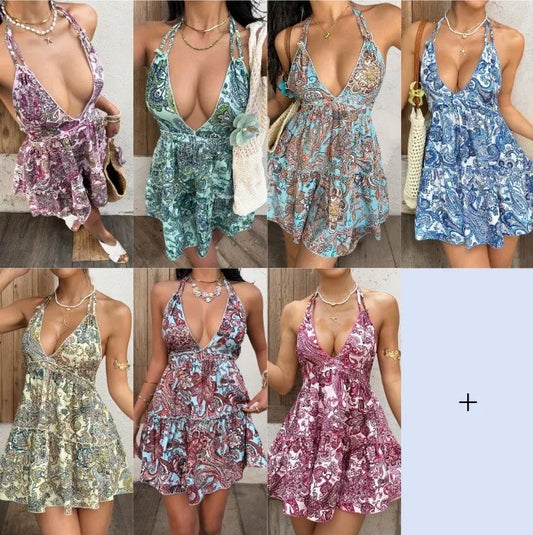 Cyflymder  Swimwear Women's Deep V Neck Halter Neck Backless Design Pareo Tiered Ruffle Skirt Beach Dress Lightweight Fabric Chic