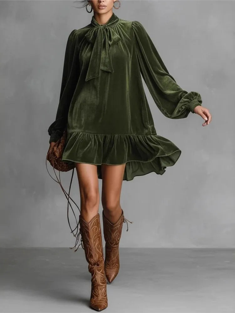 2026 Spring Autumn Long Sleeve Elegant Velvet Bow Mini Dress Women's Clothing Casual Party Work Evening Office Lady Dres