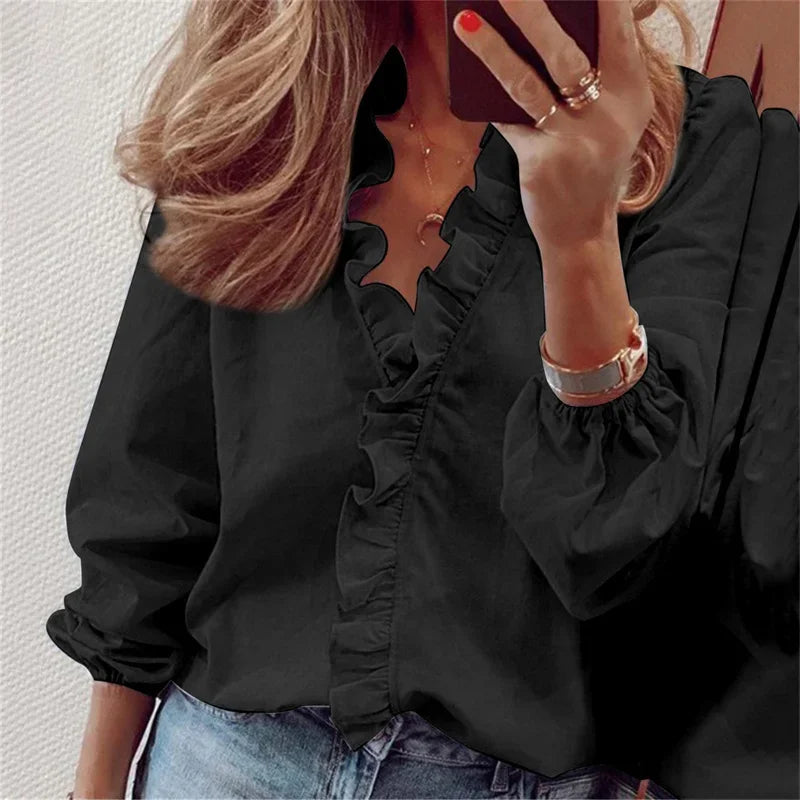 Katharina | Women's Elegant Ruffle Trim Wrap Blouse