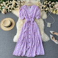 French Sweet Floral Women V Neck Puff Sleeve Midi Dress