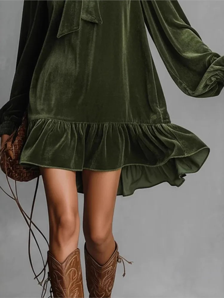 2026 Spring Autumn Long Sleeve Elegant Velvet Bow Mini Dress Women's Clothing Casual Party Work Evening Office Lady Dres