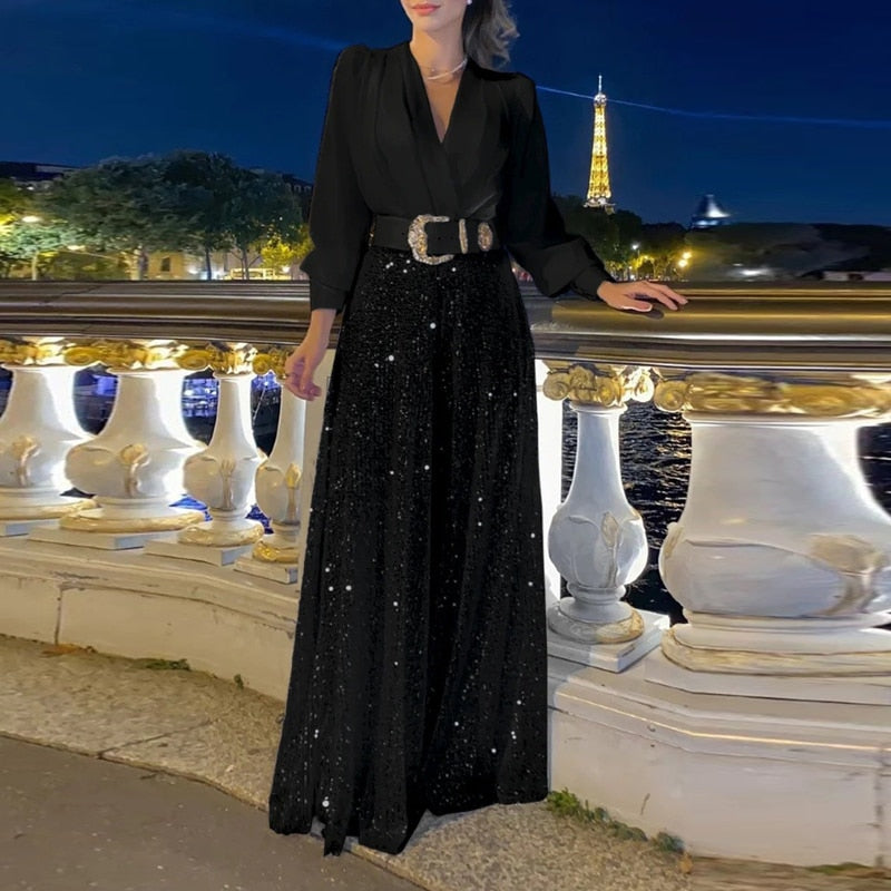 Women Long Sleeved Shirt Sequin Wide Leg Pant Jumpsuits 2024 Spring Summer Solid Color Loose Playsuit Casual V Neck Part
