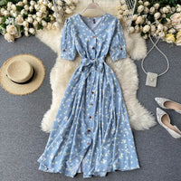 French Sweet Floral Women V Neck Puff Sleeve Midi Dress
