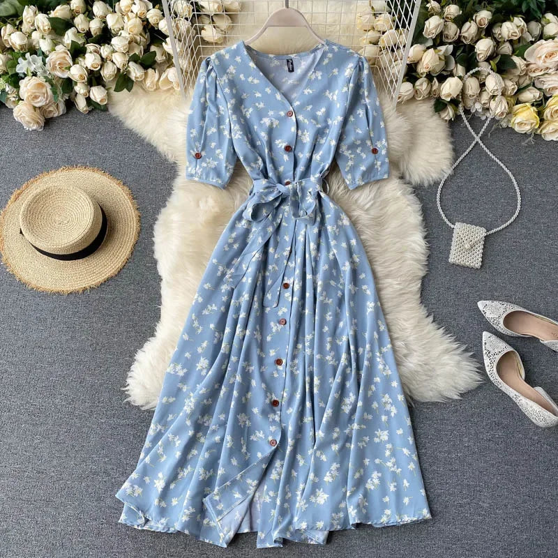 French Sweet Floral Women V Neck Puff Sleeve Midi Dress