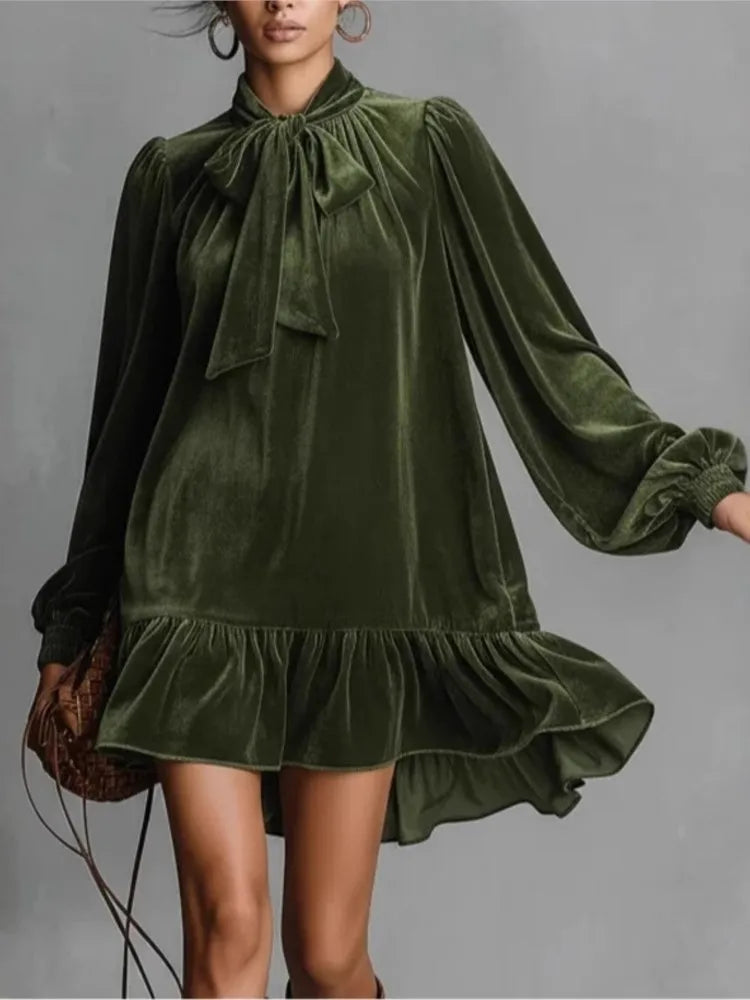 2026 Spring Autumn Long Sleeve Elegant Velvet Bow Mini Dress Women's Clothing Casual Party Work Evening Office Lady Dres