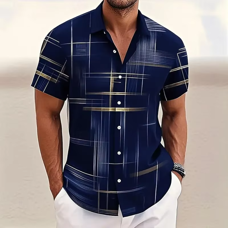 Men's Geometric Plaid Shirt Short Sleeve