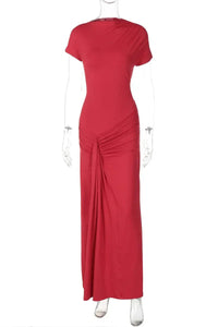 Elegant Slim Pleated Lace Up Short Sleeve Maxi Dress