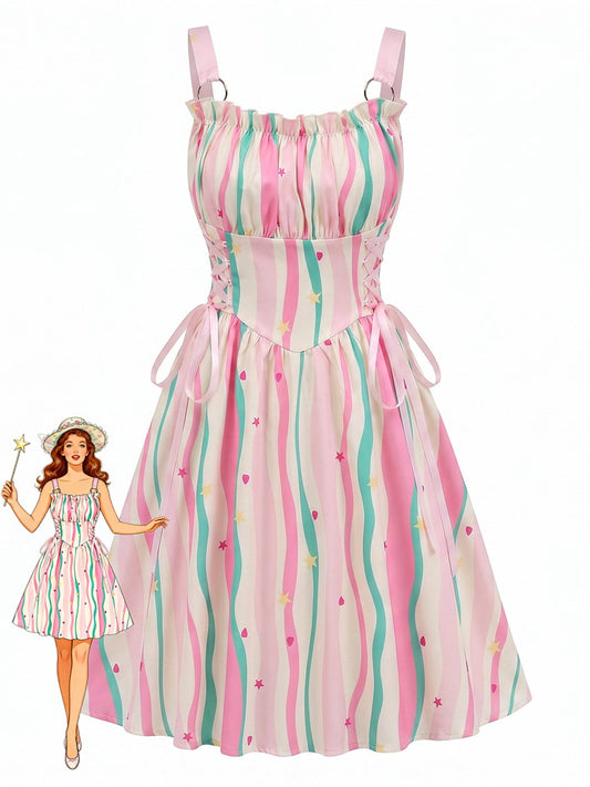 1950s Ruffled Square Neck Sleeveless Floral Print Swing Dress