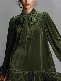 2026 Spring Autumn Long Sleeve Elegant Velvet Bow Mini Dress Women's Clothing Casual Party Work Evening Office Lady Dres