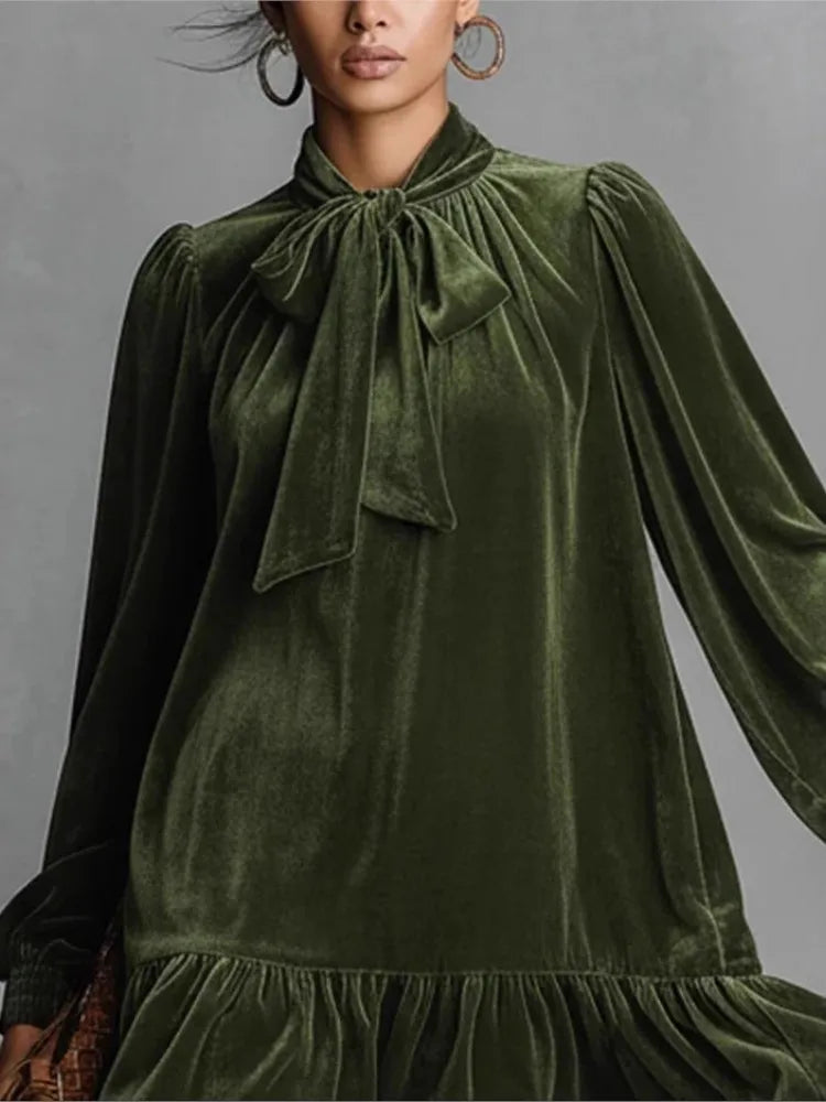 2026 Spring Autumn Long Sleeve Elegant Velvet Bow Mini Dress Women's Clothing Casual Party Work Evening Office Lady Dres