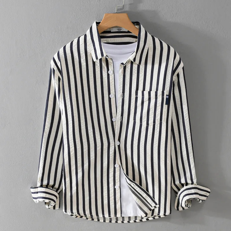 Men's Striped Shirt - Long Sleeve - Button Front - Spread Collar