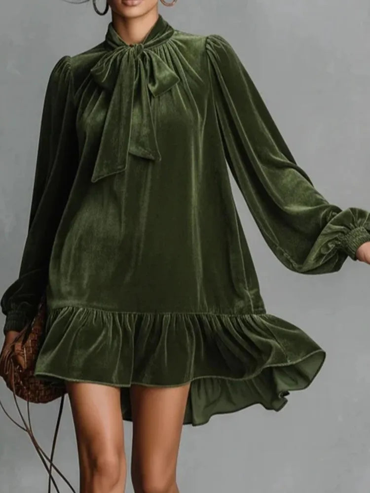 2026 Spring Autumn Long Sleeve Elegant Velvet Bow Mini Dress Women's Clothing Casual Party Work Evening Office Lady Dres