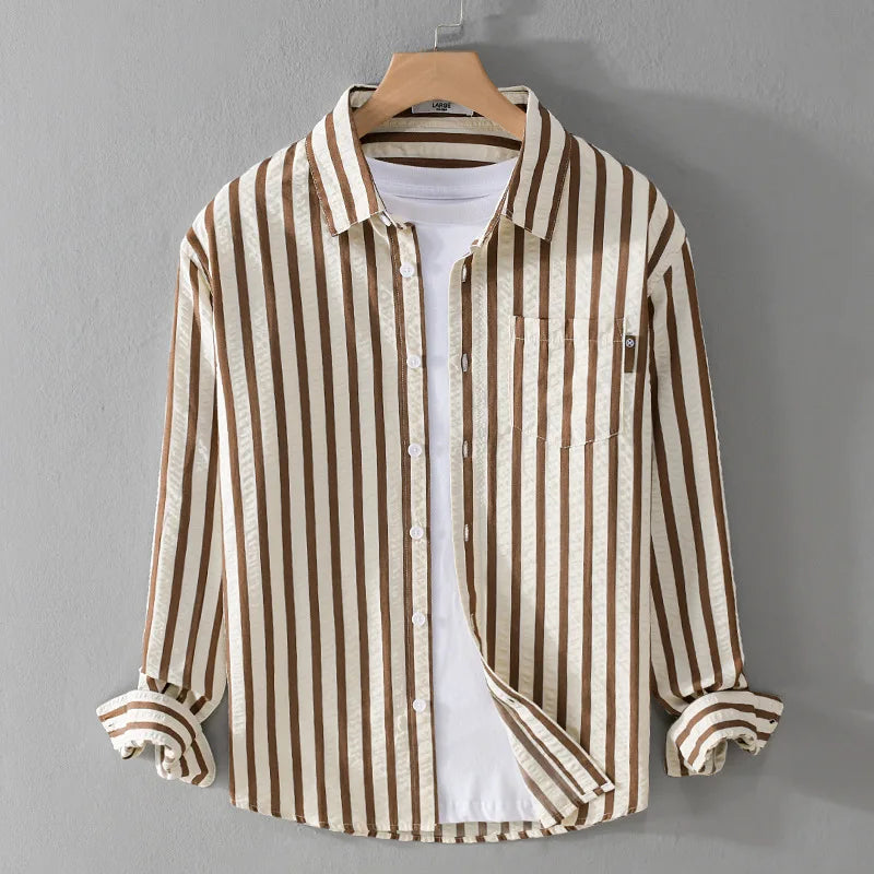 Men's Striped Shirt - Long Sleeve - Button Front - Spread Collar