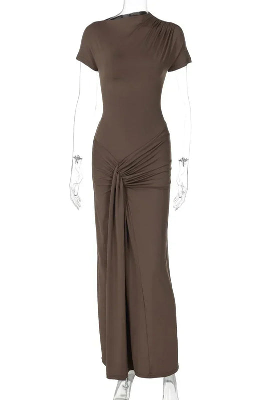 Elegant Slim Pleated Lace Up Short Sleeve Maxi Dress