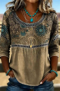 Women's Multi Retro Paisley Print Round Neck 3/4 Sleeves Blouse