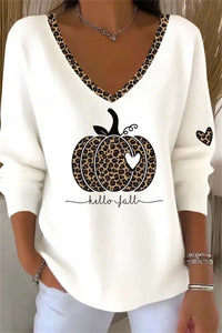 Women's Halloween White Leopard Pumpkin V Neck Long Sleeve Top