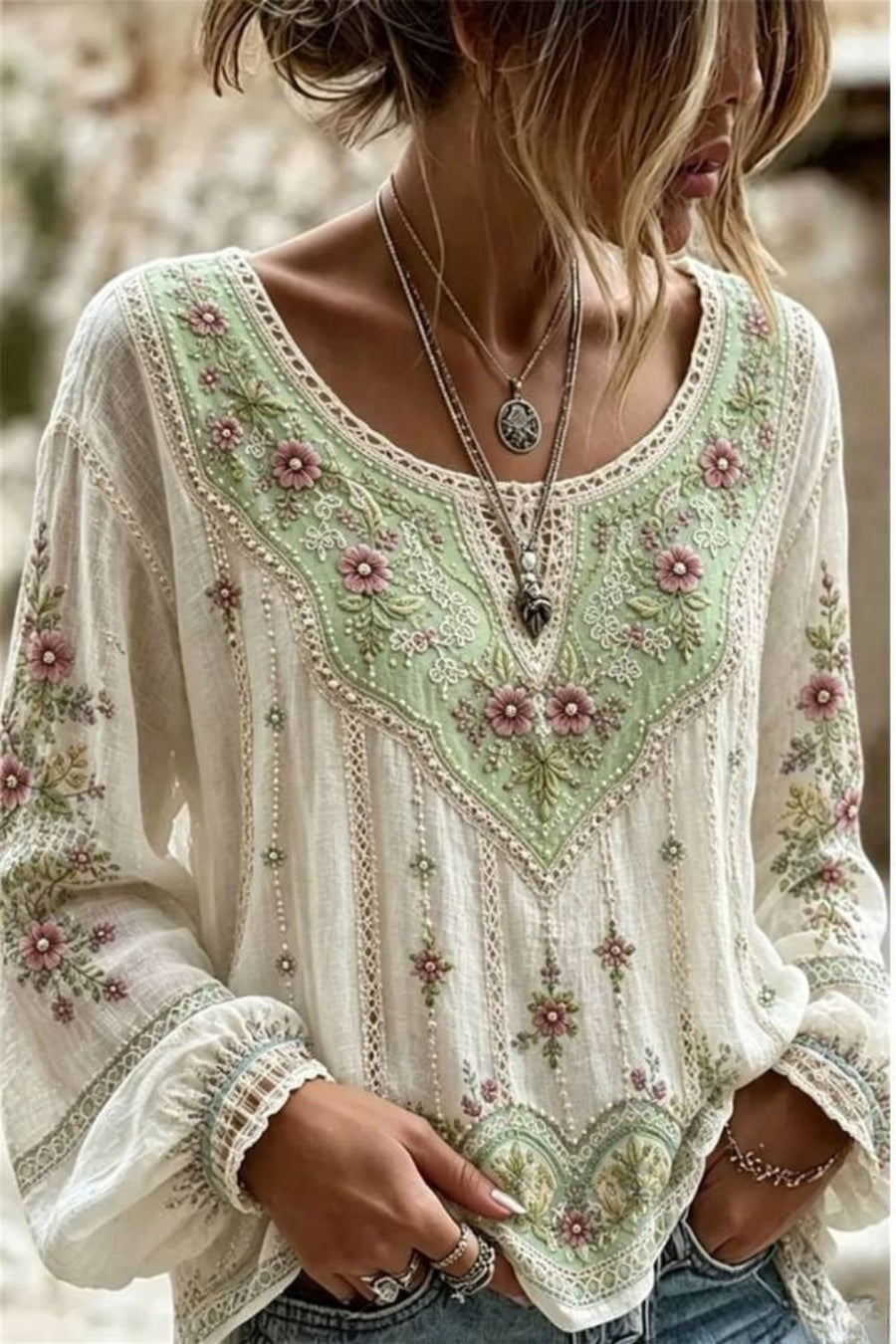 Women's Ivory Floral V Neck Long Sleeve Blouse