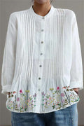 White Floral Stand Collar Long Sleeve Shirt
