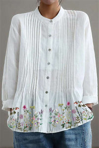 White Floral Stand Collar Long Sleeve Shirt