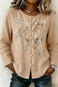 Women's Bird Embroidery Round Neck Long Sleeve Blouse