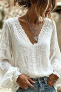 Women's White Floral Lace V Neck Long Sleeve Blouse