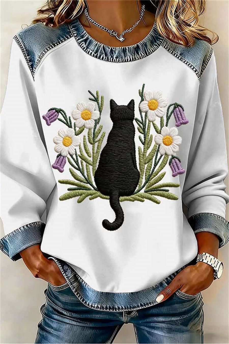 Women's White Cat Floral Round Neck Long Sleeves Top