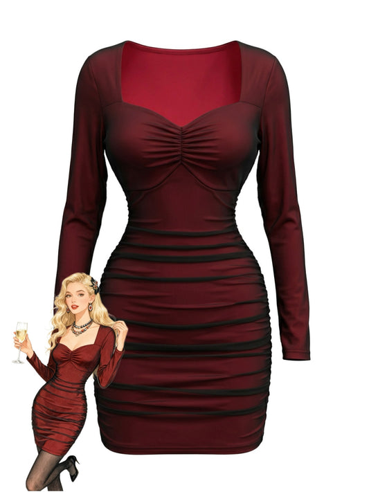Wine Red 1960s Ruched Mesh Bodycon Dress