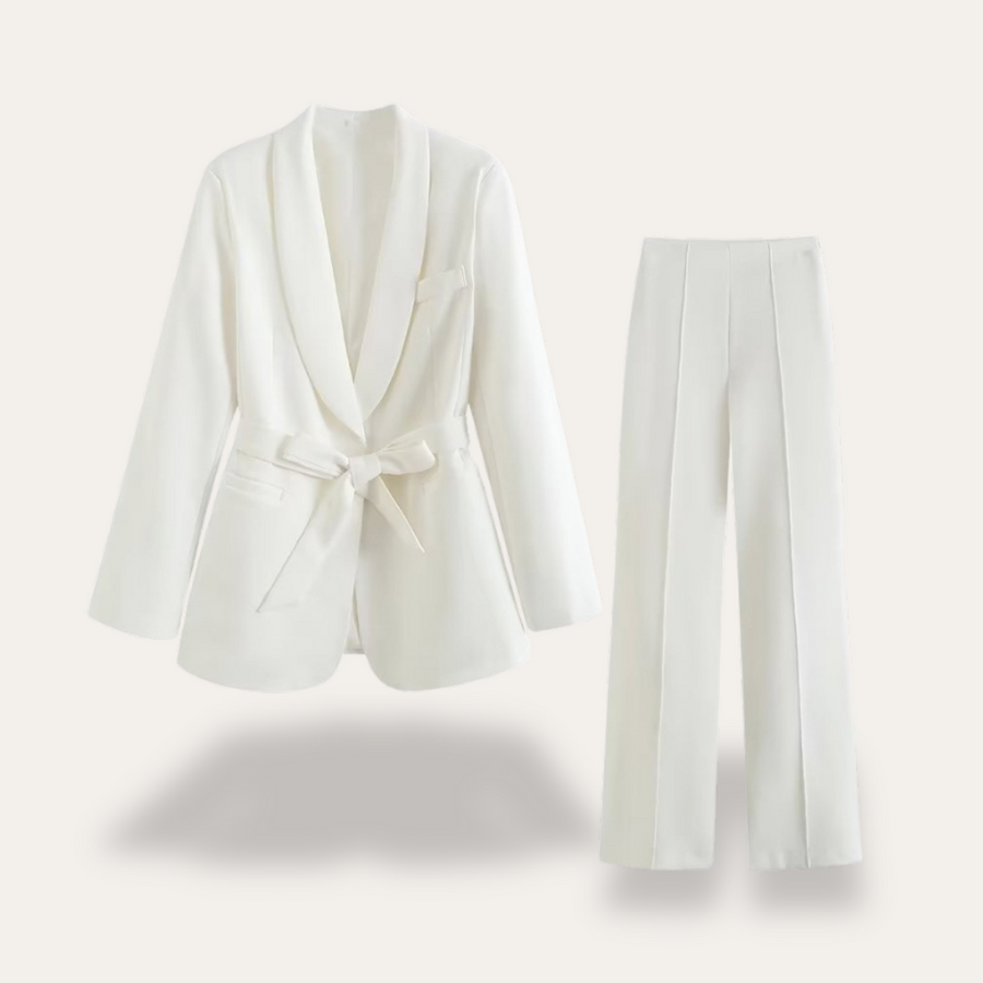 Regine | Women's Belted Blazer and Wide Leg Trouser Two-Piece Set
