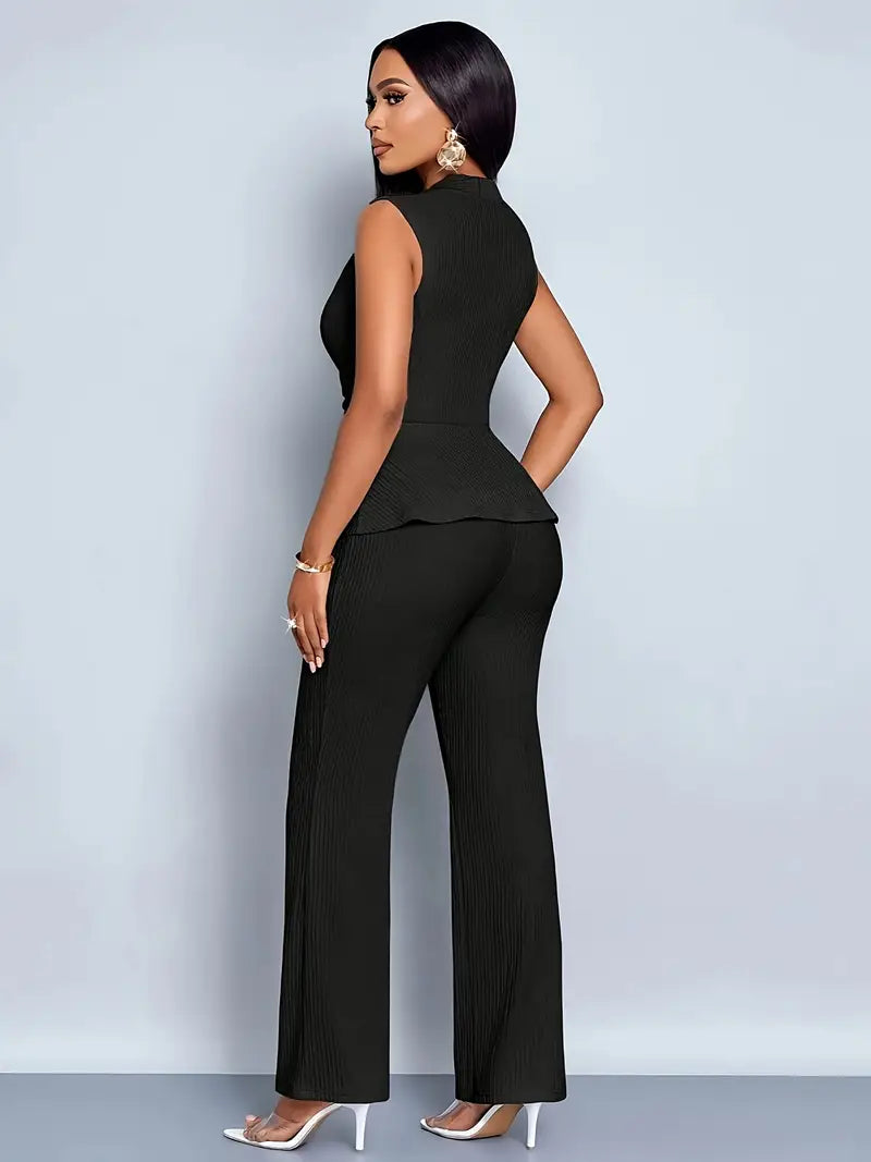 Women's Two Piece Set - V-Neck Peplum Top and Wide-Leg Trousers