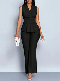 Women's Two Piece Set - V-Neck Peplum Top and Wide-Leg Trousers