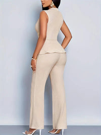 Women's Two Piece Set - V-Neck Peplum Top and Wide-Leg Trousers
