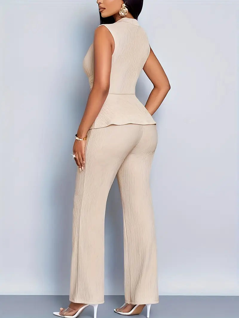 Women's Two Piece Set - V-Neck Peplum Top and Wide-Leg Trousers