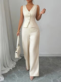 Women's Tailored Wide-Leg Cream Trouser Set - Elegant Waistcoat Cut