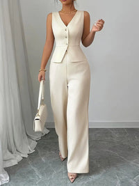 Women's Tailored Wide-Leg Cream Trouser Set - Elegant Waistcoat Cut