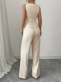 Women's Tailored Wide-Leg Cream Trouser Set - Elegant Waistcoat Cut