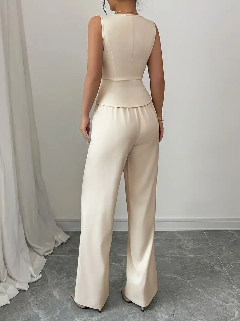 Women's Tailored Wide-Leg Cream Trouser Set - Elegant Waistcoat Cut