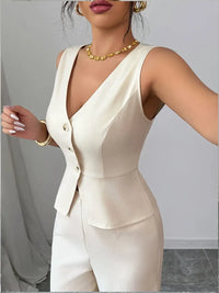 Women's Tailored Wide-Leg Cream Trouser Set - Elegant Waistcoat Cut