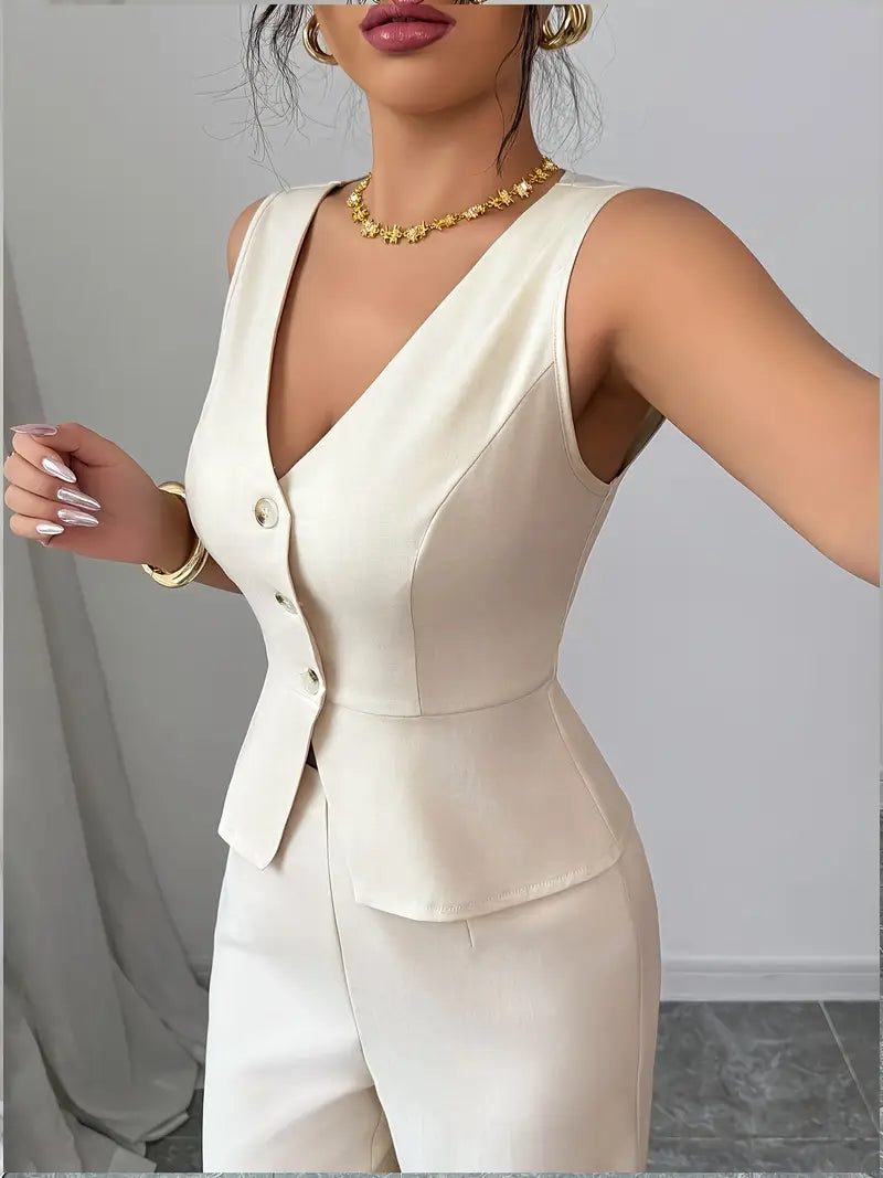 Women's Tailored Wide-Leg Cream Trouser Set - Elegant Waistcoat Cut