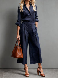 Women's Two Piece Set - Long-Sleeve Button-Down Shirt and High-Waist Wide-Leg Cropped Trousers Smart Casual Style
