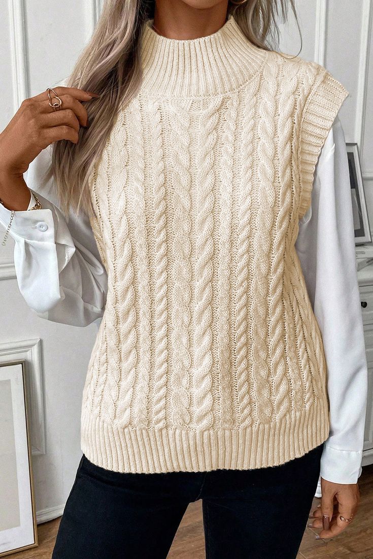 Oatmeal Cable Knit High Neck Sweater Vest Oatmeal 100%Acrylic