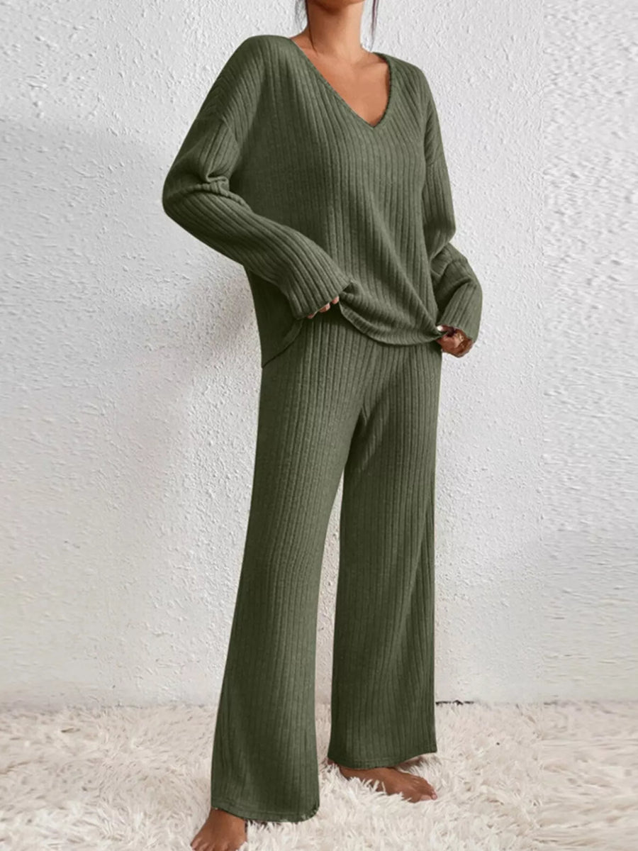 Ribbed Knit V Neck Top and Pants Set