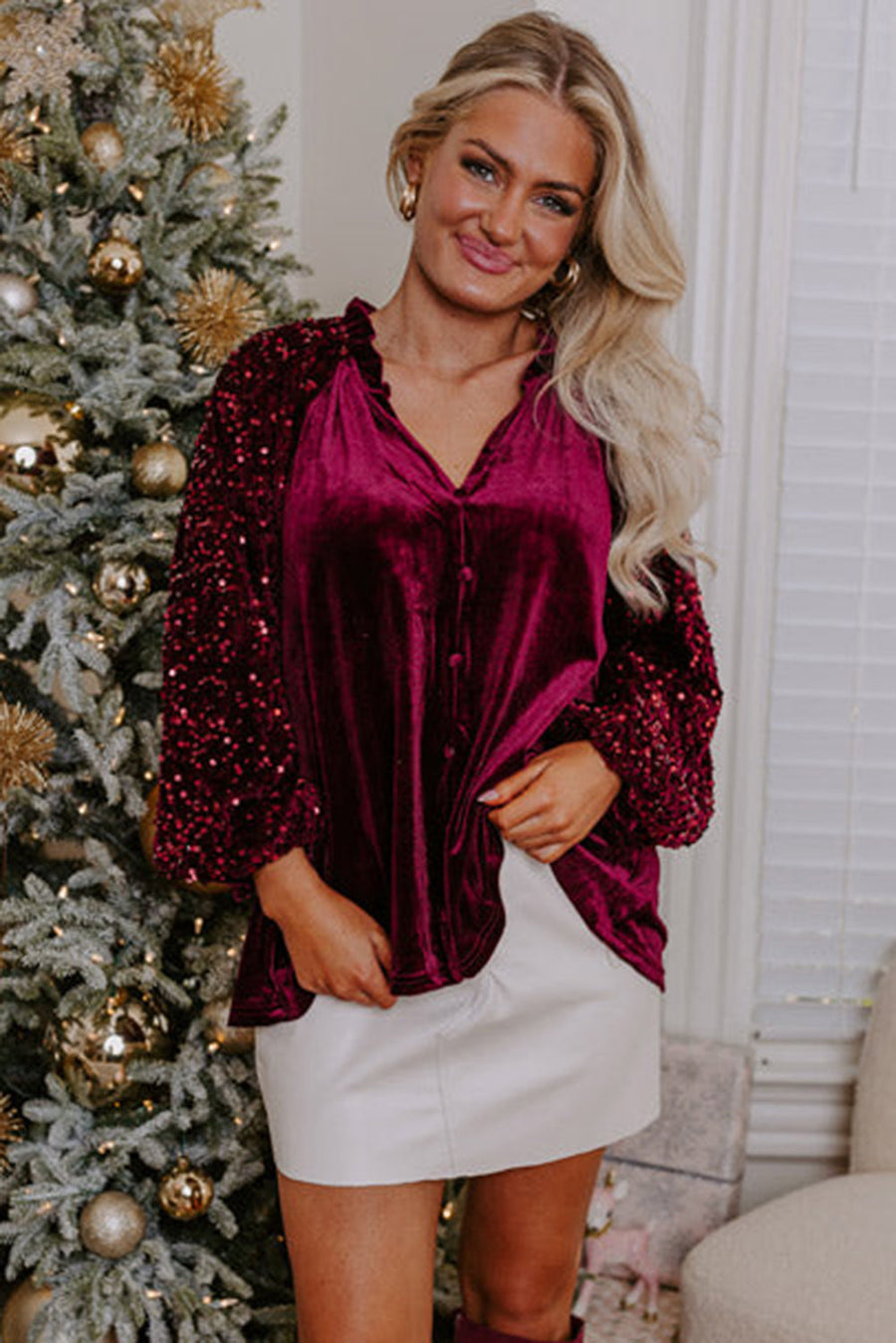 Dahlia Sequin Patchwork Sleeve Button Up Velvet Top