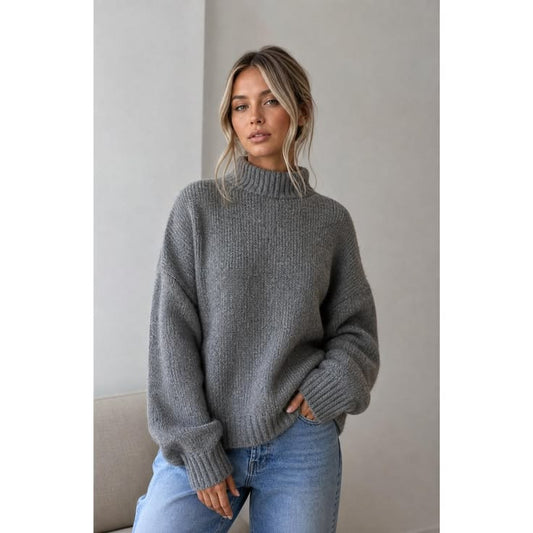 Women‘s Ribbed Mock Neck Sweater Drop Shoulder Cropped