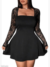 Plus Contrast Lace Sheer Long Sleeve A Line Mini Dress Square Neck Pull On