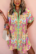 Unique Print Lapel Short Sleeve Single Breasted Loose Mini Dress