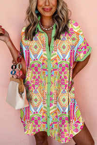 Unique Print Lapel Short Sleeve Single Breasted Loose Mini Dress