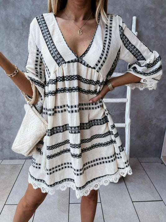V-Neck Lace Trim Striped Babydoll Dress