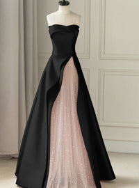 Charming A line Strapless Black Satin Pink Tulle Prom Dresses Vestidos De Dia HZ0311
