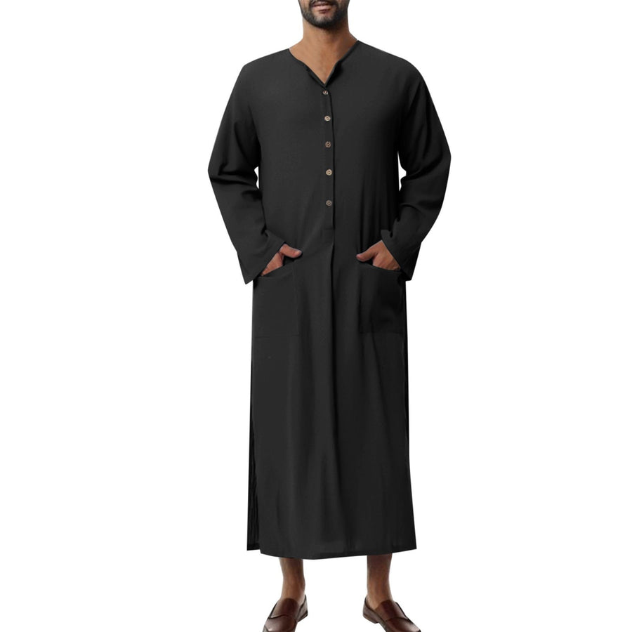 Abel Breathable Linen Tunic with Stand Collar and Pockets in Black