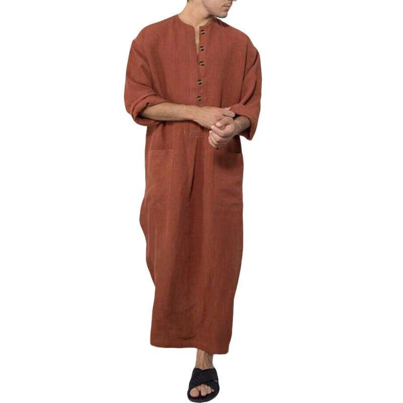 Abel Breathable Linen Tunic with Stand Collar and Pockets in Brown